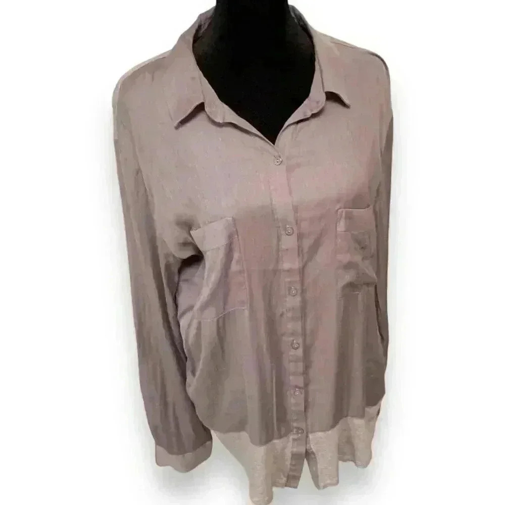 Ann Taylor Loft 2 Tone Gray Button Down Long Sleeve High Low Lightweight Blouse - Picture 2 of 10